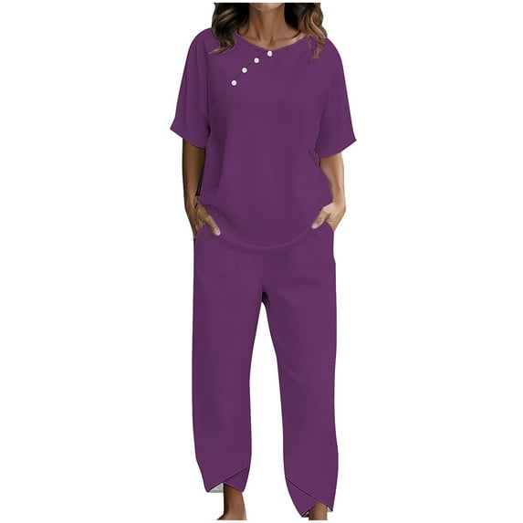 Scyoekwg Womens 2 Piece Sets Summer Outfits Trendy Short Sleeve Round Neck Tops Jogger Pants Tracksuit Casual Sweatsuits Sets Solid Color Loose Outfits (Purple,M)