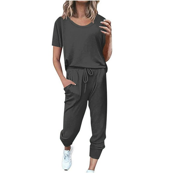 Scyoekwg Womens 2 Piece Sets Summer Outfits Trendy Tracksuit Loose Sweatsuits Sets Solid Color Short Sleeve Round Neck Drawstring Tops Jogger Pants Casual Outfits (Dark Gray,L)