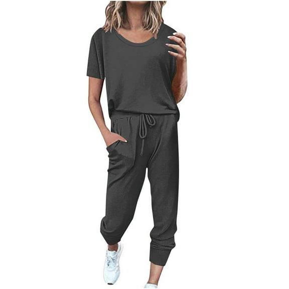 Scyoekwg Womens 2 Piece Sets Summer Outfits Trendy Tracksuit Loose Sweatsuits Sets Solid Color Short Sleeve Round Neck Drawstring Tops Jogger Pants Casual Outfits (Dark Gray,S)