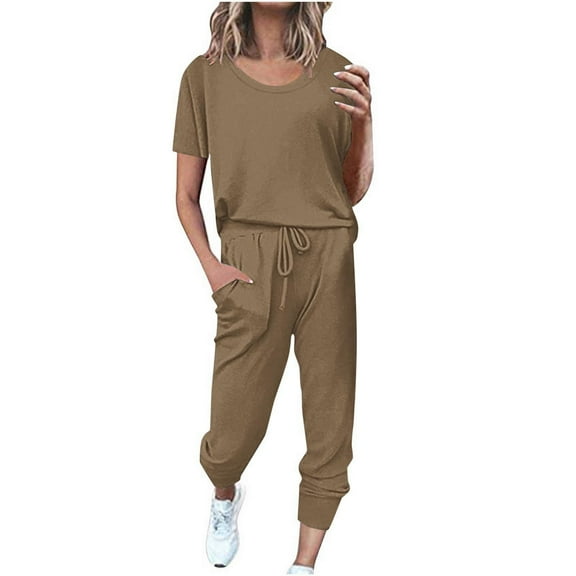 Scyoekwg Womens 2 Piece Sets Summer Outfits Trendy Tracksuit Loose Sweatsuits Sets Solid Color Short Sleeve Round Neck Drawstring Tops Jogger Pants Casual Outfits (Khaki,S)