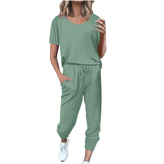 Scyoekwg Womens 2 Piece Sets Summer Outfits Trendy Tracksuit Loose Sweatsuits Sets Solid Color Short Sleeve Round Neck Drawstring Tops Jogger Pants Casual Outfits (Mint Green,M)