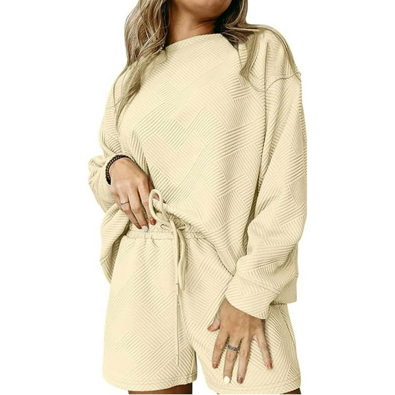 Scyoekwg Womens 2 Piece Sweatsuit Sets Fall Outfits Long Sleeve Sweatshirt Shorts Matching Outfits Fashion Casual Sweatsuit Tracksuit (Beige,XXXL)