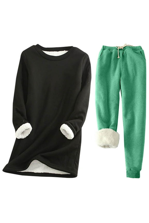 Womens 2pcs Loungwear Set Thicken Winter Warm Fleece Fleece Lined Long Sleeve Sweatshirt and Pants Soft Solid Color Pajama Set (Green,XXL)