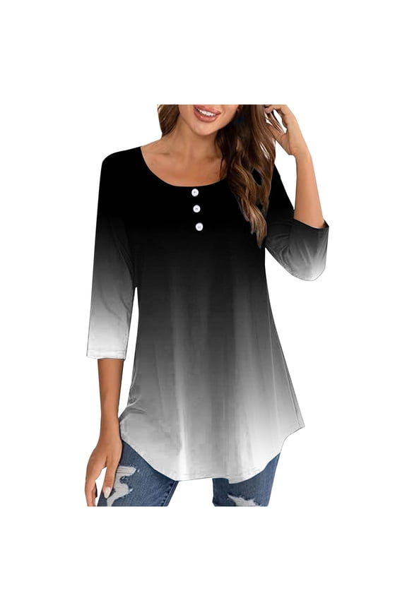 Womens 3/4 Length Sleeve Tunic Tops to Wear with Leggings Round Neck Button Pleated Tunic Tops Lightweight Casual 3/4 Sleeve Gradient Color Graphic Tee Blouse (Black,L)