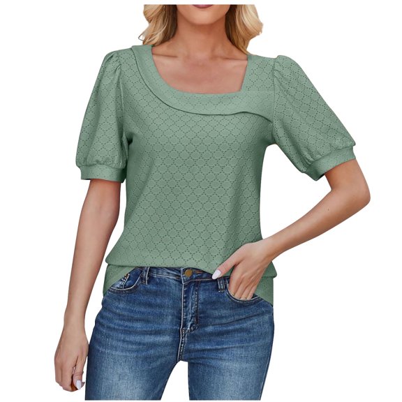Scyoekwg Womens 3/4 Sleeve Shirts Dressy Casual Puff Sleeve Elegant Tops 3/4 Sleeve Lightweight Solid Color Graphic Tee Comfy Blouse (Green,L)