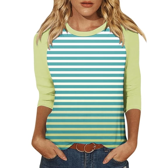 Scyoekwg Womens 3/4 Sleeve Shirts Dressy Casual Round Neck Three-quarter Sleeve T Shirts Comfy Lightweight Striped Print Graphic Tee Blouse (Mint Green,XXL)