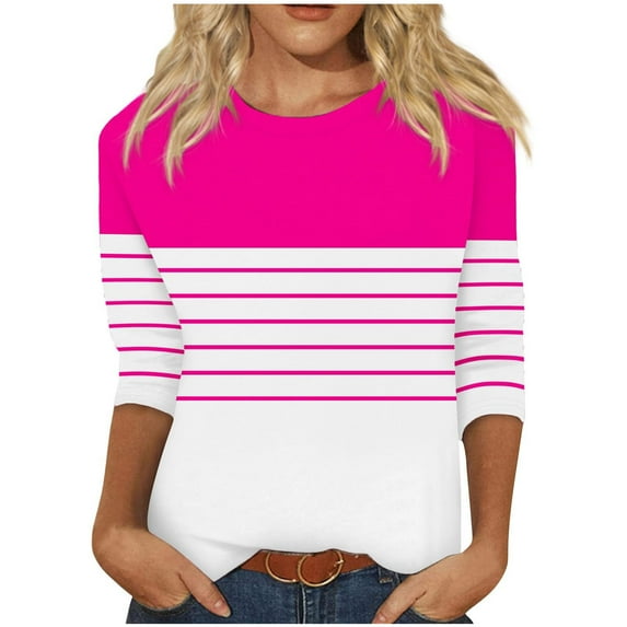 Scyoekwg 3/4 Sleeve Shirts for Women Round Neck Three-quarter Sleeve Tshirts Lightweight Color Block Patchwork Graphic Tee Comfy Blouse (Hot Pink,M)