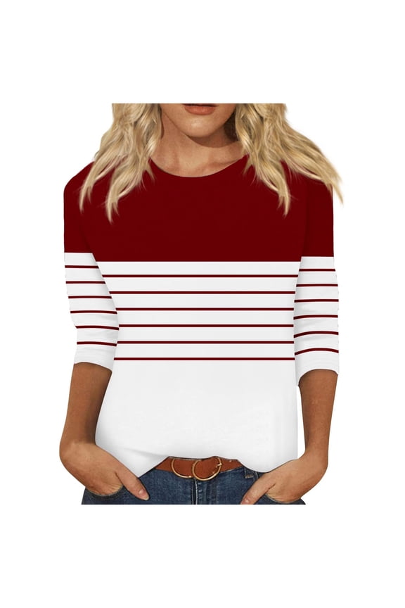 Womens 3/4 Sleeve Shirts Round Neck Three-quarter Sleeve Tshirts Lightweight Color Block Patchwork Graphic Tee Comfy Blouse (Red,XL)