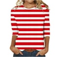 thumbnail image 1 of Scyoekwg Womens 3/4 Sleeve Shirts Round Neck Three-quarter Sleeve Tshirts Striped Print Graphic Tee Comfy Lightweight Blouses (Red,L), 1 of 4