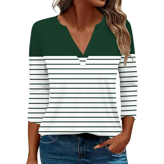 Scyoekwg Womens 3/4 Sleeve Shirts V Neck Three-quarter Sleeve Tshirts Lightweight Striped Print Graphic Tee Comfy Blouse (Army Green,XL)