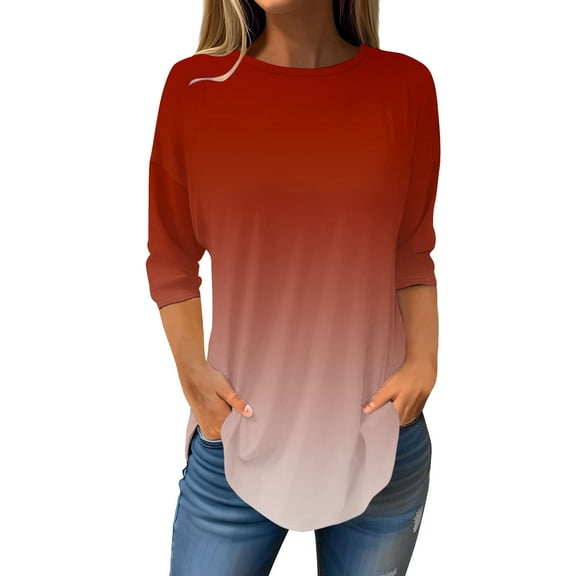 Scyoekwg Womens 3/4 Sleeve Summer Tops Cewneck Three Quarter Length Sleeve Blouse Gradient Color Graphic Tee Fall Clothes Lightweight Casual Loose Vintage Pullover