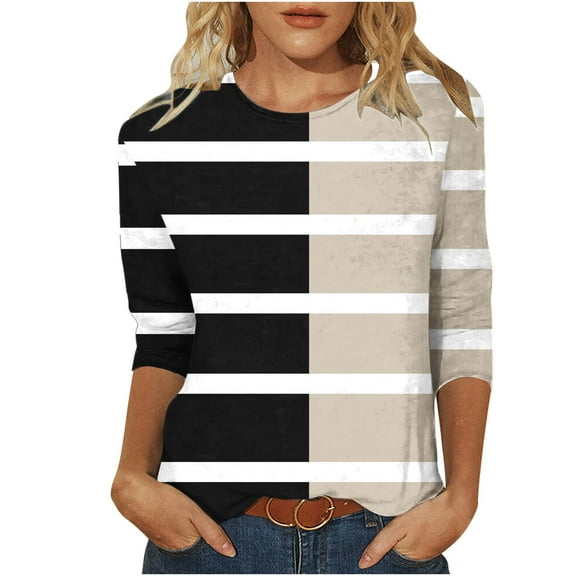 Scyoekwg Womens 3/4 Sleeve T Shirts Round Neck Three-quarter Sleeve T Shirts Lightweight Striped Print Graphic Tee Casual Blouse (Black,XXL)