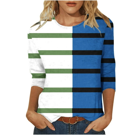 Scyoekwg Womens 3/4 Sleeve T Shirts Round Neck Three-quarter Sleeve T Shirts Lightweight Striped Print Graphic Tee Comfy Blouse (White,XXL)