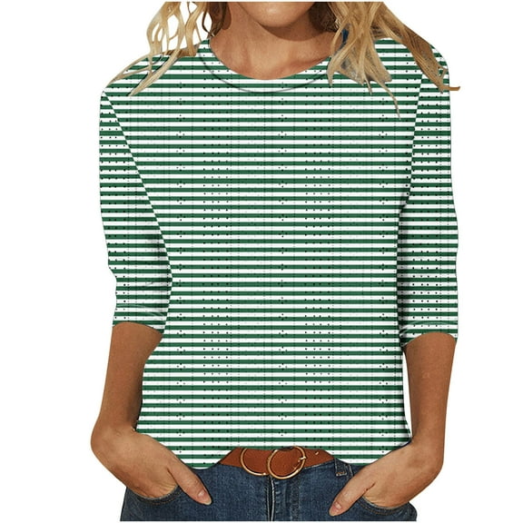 Scyoekwg Womens 3/4 Sleeve T Shirts Round Neck Three-quarter Sleeve Tshirts Striped Print Graphic Tee Comfy Lightweight Blouse (Green,XXL)