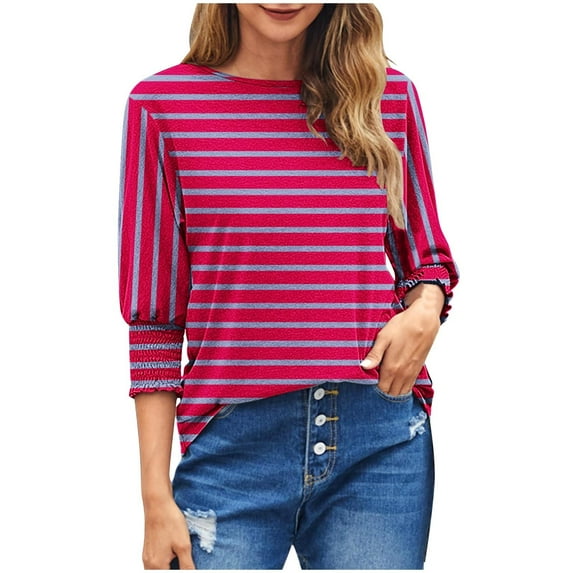 Scyoekwg Womens 3/4 Sleeve T Shirts Round Neck Three-quarter Sleeve Tunic Shirts Comfy Lightweight Striped Print Graphic Tee Blouses (Hot Pink,L)