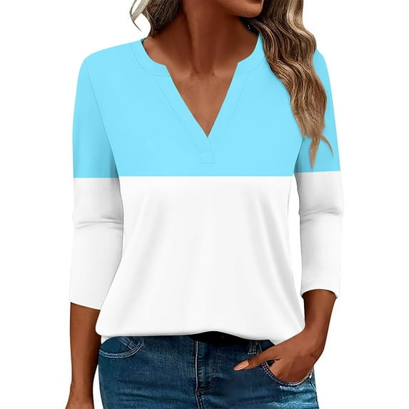 Scyoekwg Womens 3/4 Sleeve Tops V-Neck Three-quarter Sleeve Tshirt Color Block Graphic Tops Dressy Casual Blouses Fall Clothes Fashion Vintage Loose Tops(Light Blue,XL)