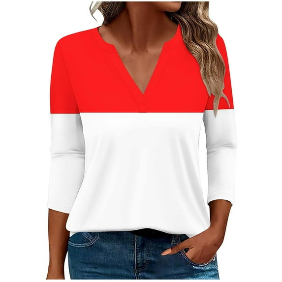 Scyoekwg Womens 3/4 Sleeve Tops V-Neck Three-quarter Sleeve Tshirt Color Block Graphic Tops Dressy Casual Blouses Fall Clothes Fashion Vintage Loose Tops(Red,L)