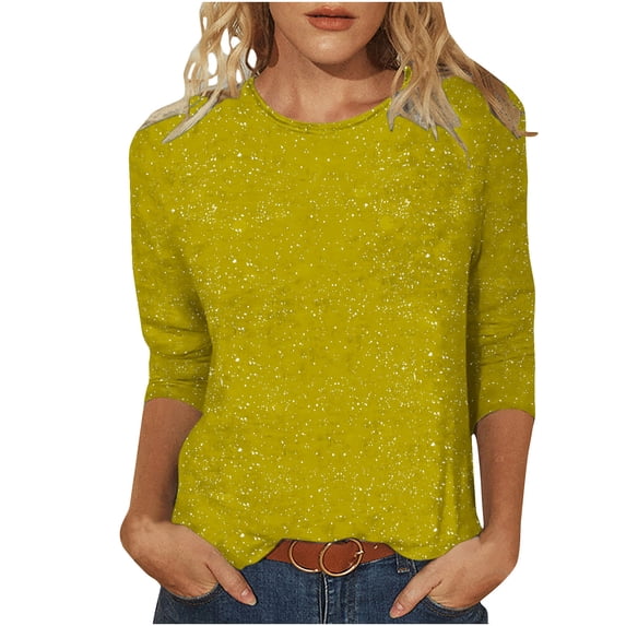 Scyoekwg Womens 3/4 Sleeve Tunic Shirts Casual Round Neck Sparkly Tops for Women Glitter Graphic Comfy Basic Tops Lightweight Dressy Blouses (Yellow,M)