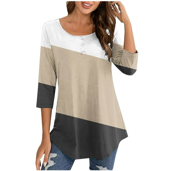 Scyoekwg Womens 3/4 Sleeve Tunic Tops to Wear with Leggings Round Neck Button Pleated Tunic Tops Lightweight 3/4 Sleeve Casual Color Block Patchwork Graphic Tee Blouses (Khaki,XXL)