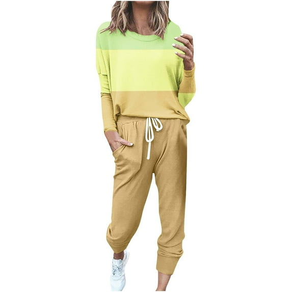 Scyoekwg Womens Athletic Sets 2 Piece Outfits Crewneck Long Sleeve Tops Drawstring Jogger Pants Sports Outfits Casual Fashion Loose Color Block Fall Outfits Outfits (Yellow,XXXXXL)