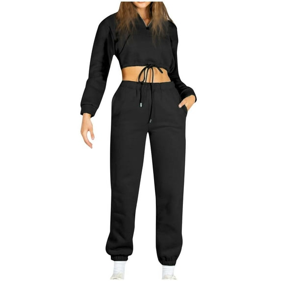 Scyoekwg Womens Athletic Sets 2 Piece Outfits Stand Collar Long Sleeve Tops Wide Legs Pants Sports Outfits Loose Casual Solid Color Fashion Fall Outfits Tracksuit Set (Black,L)