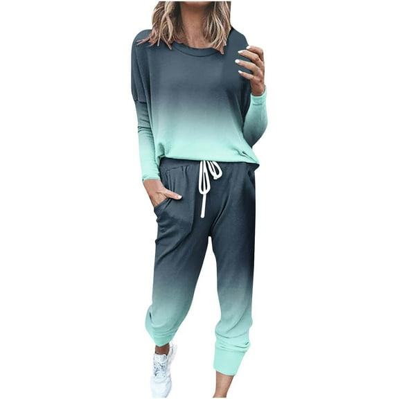 Scyoekwg Womens Athletic Sets Crewneck Long Sleeve Tops Drawstring Jogger Pants Workout Outfits Casual Fashion Loose Gradient Color Fall Outfits Matching Sets (Light Blue,L)
