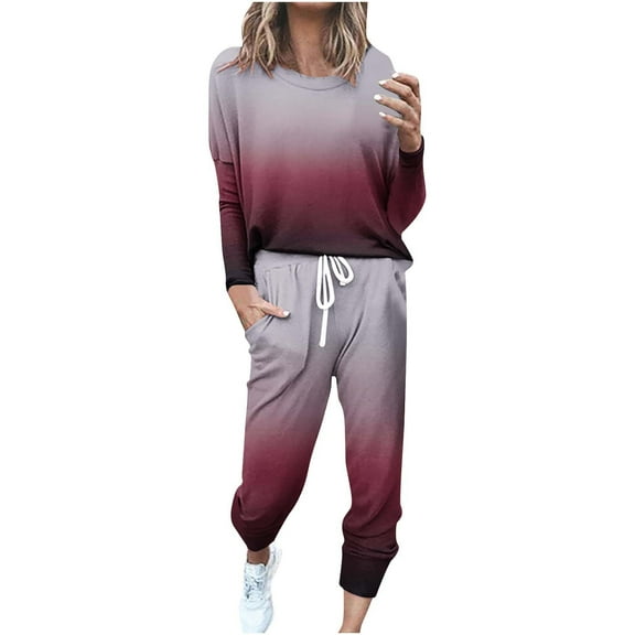 Scyoekwg Womens Athletic Sets Crewneck Long Sleeve Tops Drawstring Jogger Pants Workout Outfits Casual Fashion Loose Gradient Color Fall Outfits Matching Sets (Wine,L)