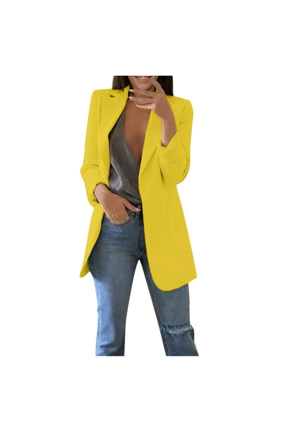 Womens Blazer Autumn Winter Fashion Casual Long Sleeve Office Coat Cardigans Suit Long Jacket Workout Tops Yellow XXL