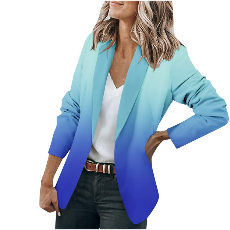Scyoekwg Womens Blazer Fashion Business Attire Solid Color Stitching Plaid  Printed Long Sleeve Cardigan Coat Top Warm Clothes Blue XL 