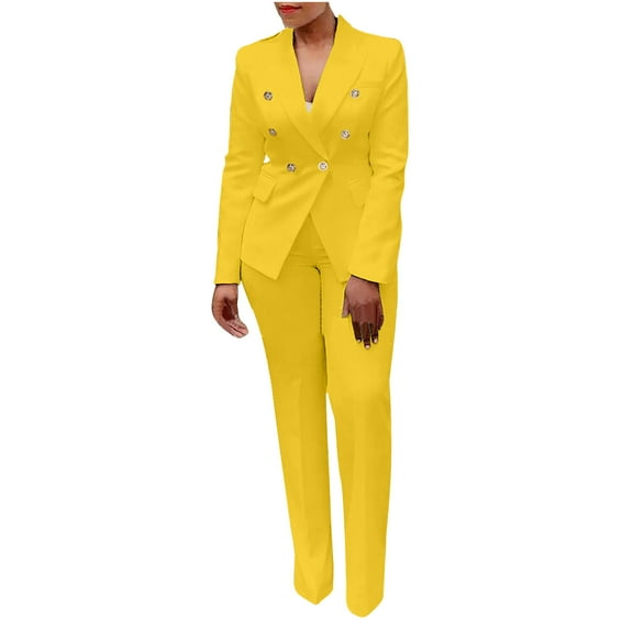 Scyoekwg Womens Blazer and Pants Outfit Business Office Work 2 Piece Sets Long Sleeve Coat Suit Pants Matching Outfits Two Piece Set Fashion Casual Suit (Yellow,XXL)