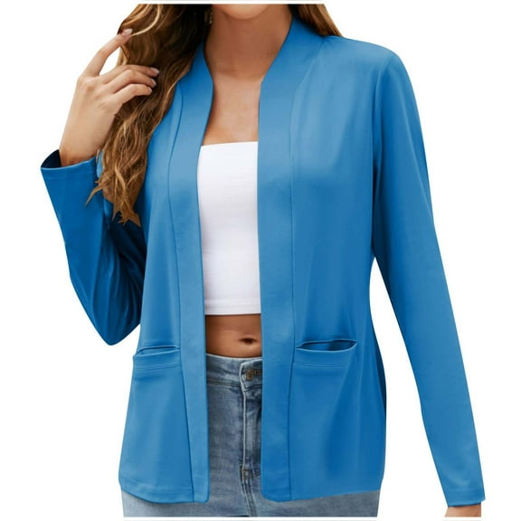 Scyoekwg Womens Blazer Solid Color Button Lapel Blazer Fall Coats Offices Work Suit Trendy Long Sleeve Business Casual Lightweight Coats(Blue,L)