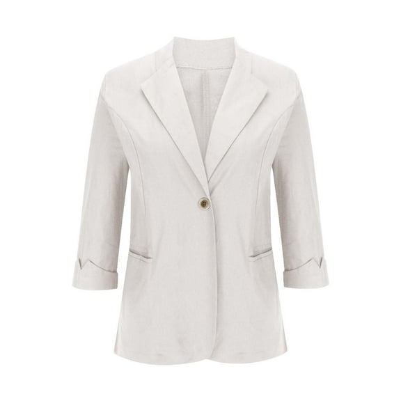 Scyoekwg Womens Blazers for Work Casual Business Trendy Solid Color Button Lapel Blazer Fall Coats Offices Work Suit Lightweight 3/4 Sleeve Coats(Beige,XXXL)