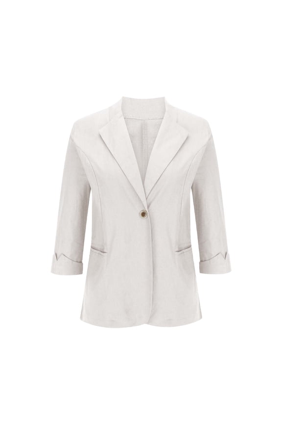 Womens Blazers for Work Casual Business Trendy Solid Color Button Lapel Blazer Fall Coats Offices Work Suit Lightweight 3/4 Sleeve Coats(Beige,XXXL)