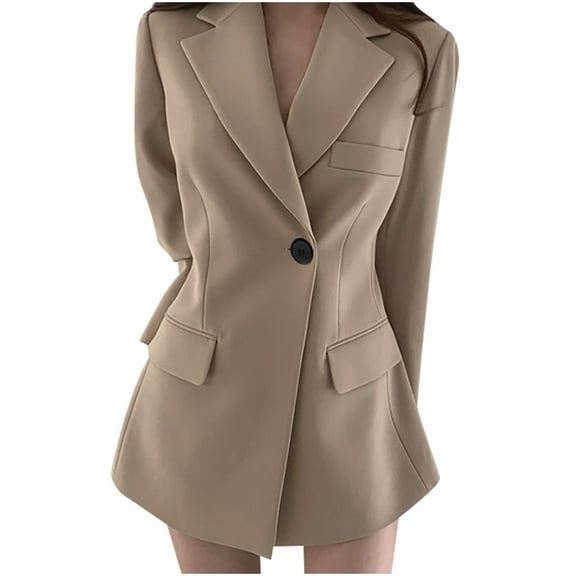 Scyoekwg Womens Blazers for Work Casual Button Lapel Blazer with Pocket Lightweight Offices Work Suit Long Sleeve Fall Coats Business Solid Color Trendy Coats(Khaki,S)