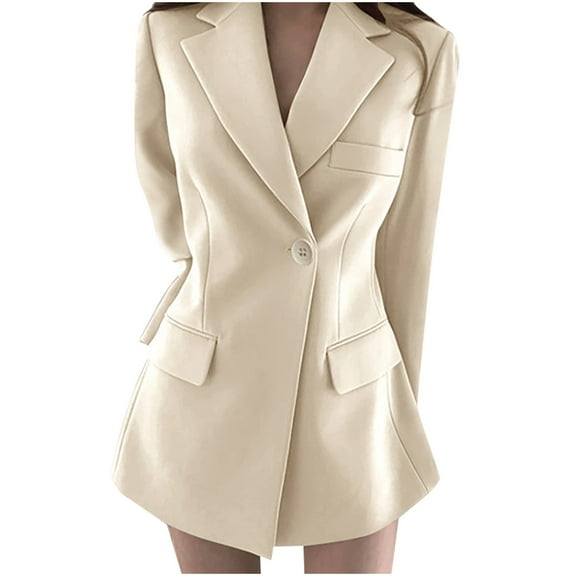 Scyoekwg Womens Blazers for Work Casual Button Lapel Blazer with Pocket Lightweight Offices Work Suit Long Sleeve Fall Coats Business Solid Color Trendy Coats(Beige,S)