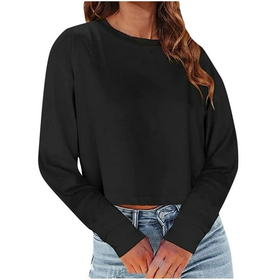 Scyoekwg Womens Blouses Dressy Casual Crew Neck Basic Short Tops Solid Color Loose Long Sleeve T Shirts Lightweight Fall Tops Trendy Pullover (Black,XL)