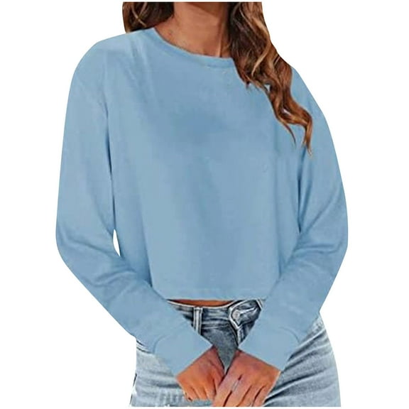 Scyoekwg Womens Blouses Dressy Casual Crew Neck Basic Short Tops Solid Color Loose Long Sleeve T Shirts Lightweight Fall Tops Trendy Pullover (Light Blue,M)