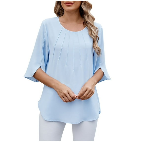 Scyoekwg Womens Blouses Dressy Casual Crew Neck Stretch Five Quarter Sleeve Chiffon Shirt Loose Lightweight Women Blouses Solid Color Trendy Pullover (Light Blue,M)