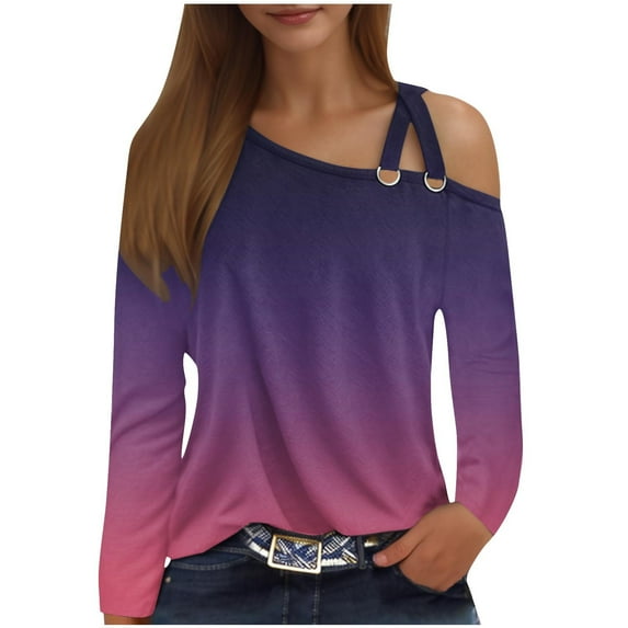 Scyoekwg Womens Blouses Dressy Casual Fall Shirts Loose Trendy Long Sleeve Gradient Color Graphic Tee Skew Collar Off Shoulder Tops Comfy Clothes for Women Pullover Tops Blouses(Purple,L)