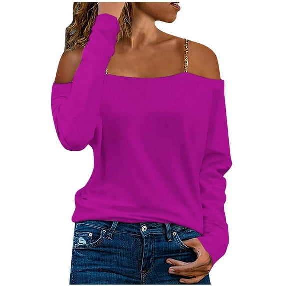 Scyoekwg Womens Blouses T Shirt Comfy Long Sleeve Tops Solid Color Off-The-Shoulder Cold Shoulder Tops Casual Loose Dressy Blouse Lightweight Blouse Clearance (Hot Pink,M)