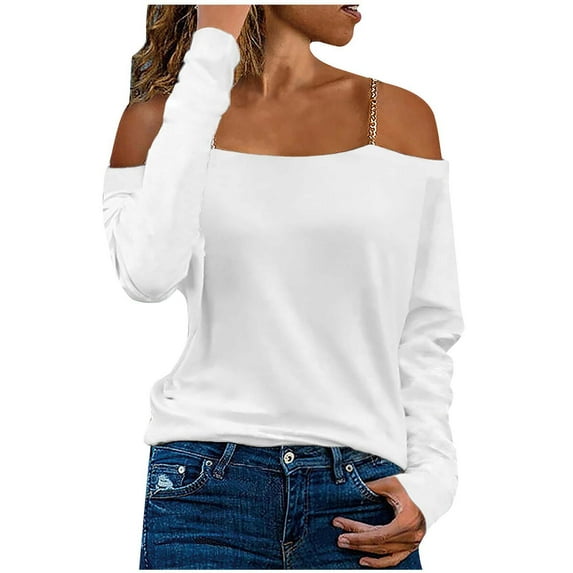 Scyoekwg Womens Blouses T Shirt Comfy Long Sleeve Tops Solid Color Off-The-Shoulder Cold Shoulder Tops Casual Loose Dressy Blouse Lightweight Blouse (White,M)