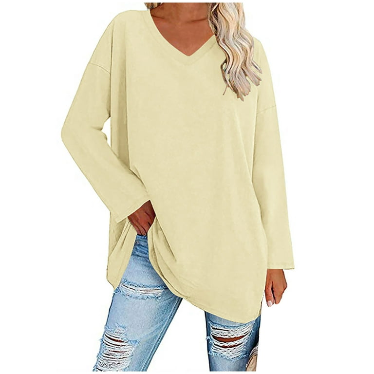 Scyoekwg Womens Blouses and Tops Dressy Long Sleeve Sweatshirts Tops  Graphic Tees V Neck Solid Color Loose Lightweight Blouses Pullover Casual  Comfy Tunic Tops Khaki S 