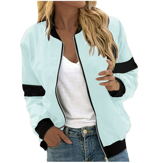 Scyoekwg Womens Jacket Color Block Splicing Fall Coats Trendy Lightweight Casual Stand Collar Zipper Jacket Loose Long Sleeve Outerwear(Mint Green,M)