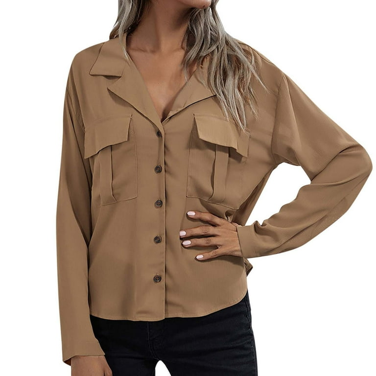 Scyoekwg Womens Button Down Blouse Long Sleeve Shirts Comfy Solid Color  Fall Tunic Top Shirts V Neck Lapel Long Sleeve Blouses Lightweight Loose