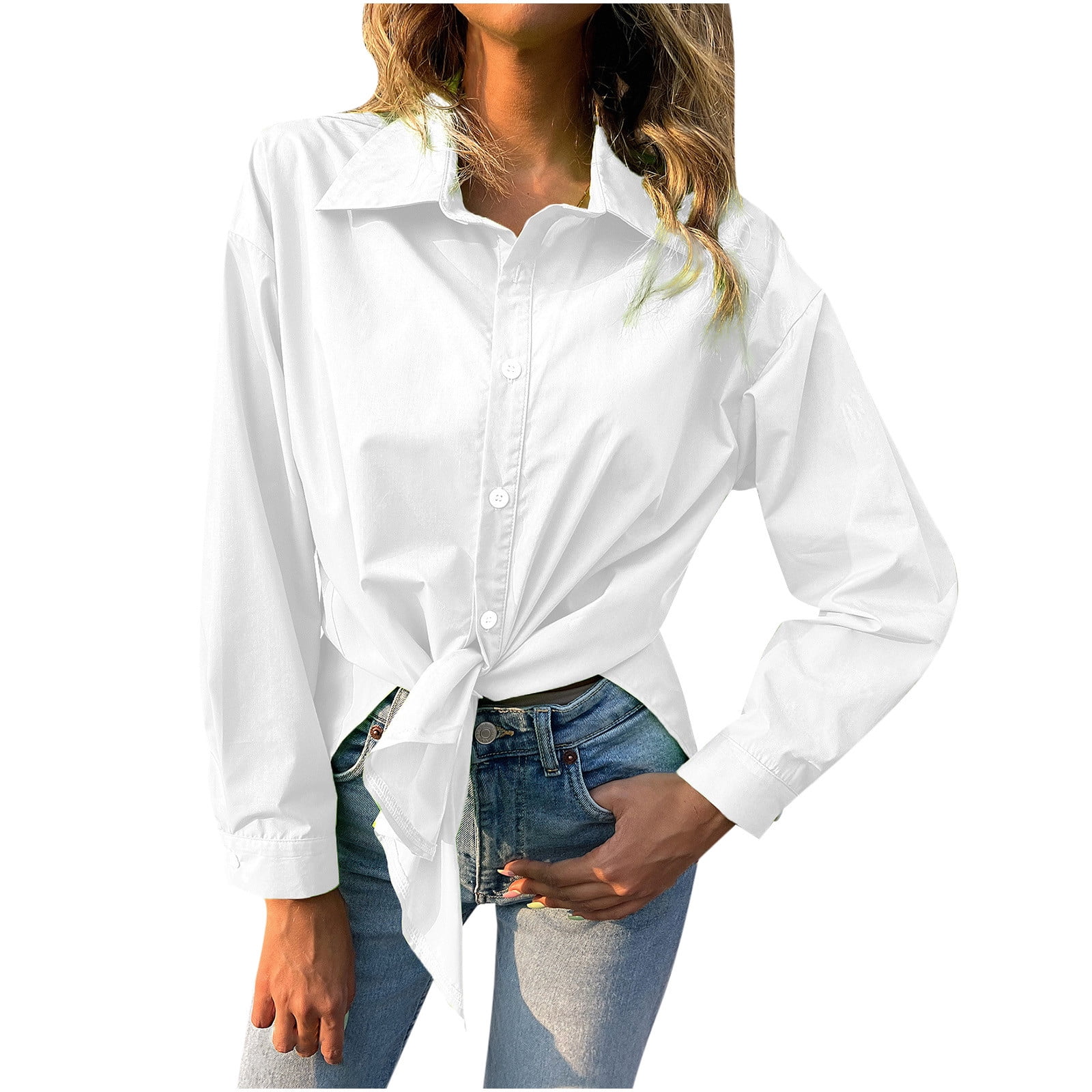 Women's Long Sleeve V-Neck Side Slit Blouse - Loose Fit Chiffon Button Down Shirt