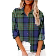 Scyoekwg Womens Button Down Shirt Comfy Long Sleeve Shirts V Neck Lapel 2023 Fashion Button Shirts Fall Plaid Long Sleeve Lightweight Loose Casual Blouses #C=Green S(4)