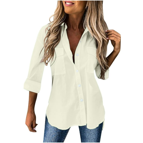 Scyoekwg Womens Button Down Shirt Comfy Long Sleeve Shirts V Neck Lapel Solid Color Loose Blouse Casual Work Tunic Tops With Pocket #A01=Beige XL