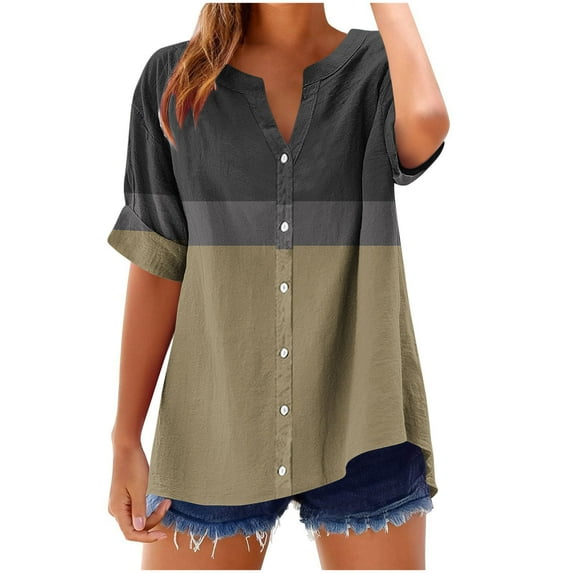 Scyoekwg Womens Button Down Shirts Color Block Short Sleeve Tunic Shirts Summer Dressy Casual V Neck Loose Lightweight T-Shirt (Gray,XXL)