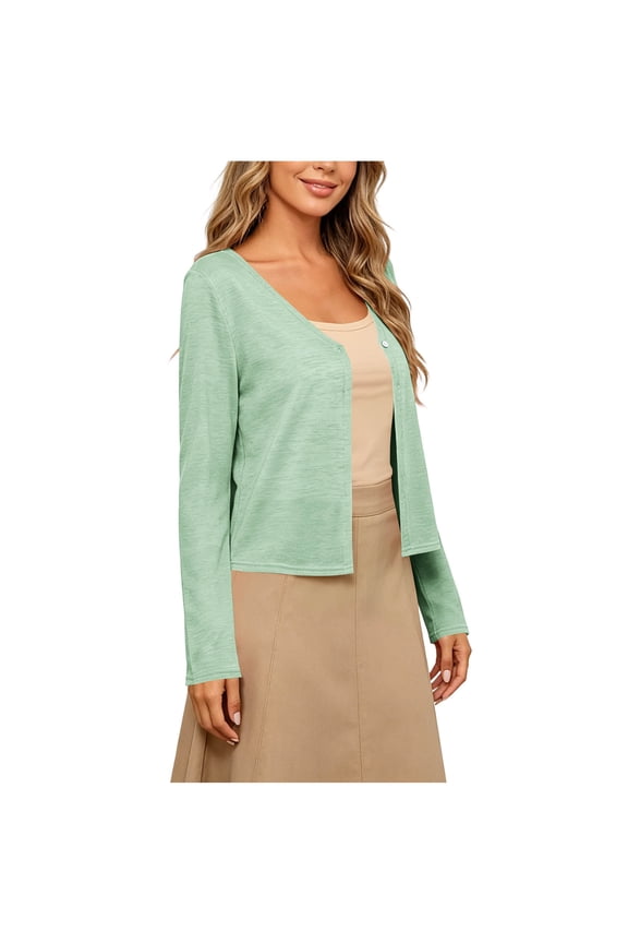 Womens Button Open Front Knit Cardigan, Long Sleeve Casual Cropped Sweater Coat with Side Pockets, Breathable Beach Daily Layering Jacket (Green,S)