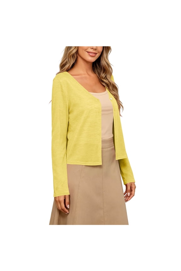 Womens Button Open Front Knit Cardigan, Long Sleeve Casual Cropped Sweater Coat with Side Pockets, Breathable Beach Daily Layering Jacket (Yellow,S)